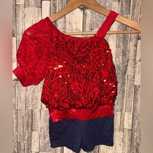 Red Sequin One-Shoulder Top with Navy Bottoms dance costume
